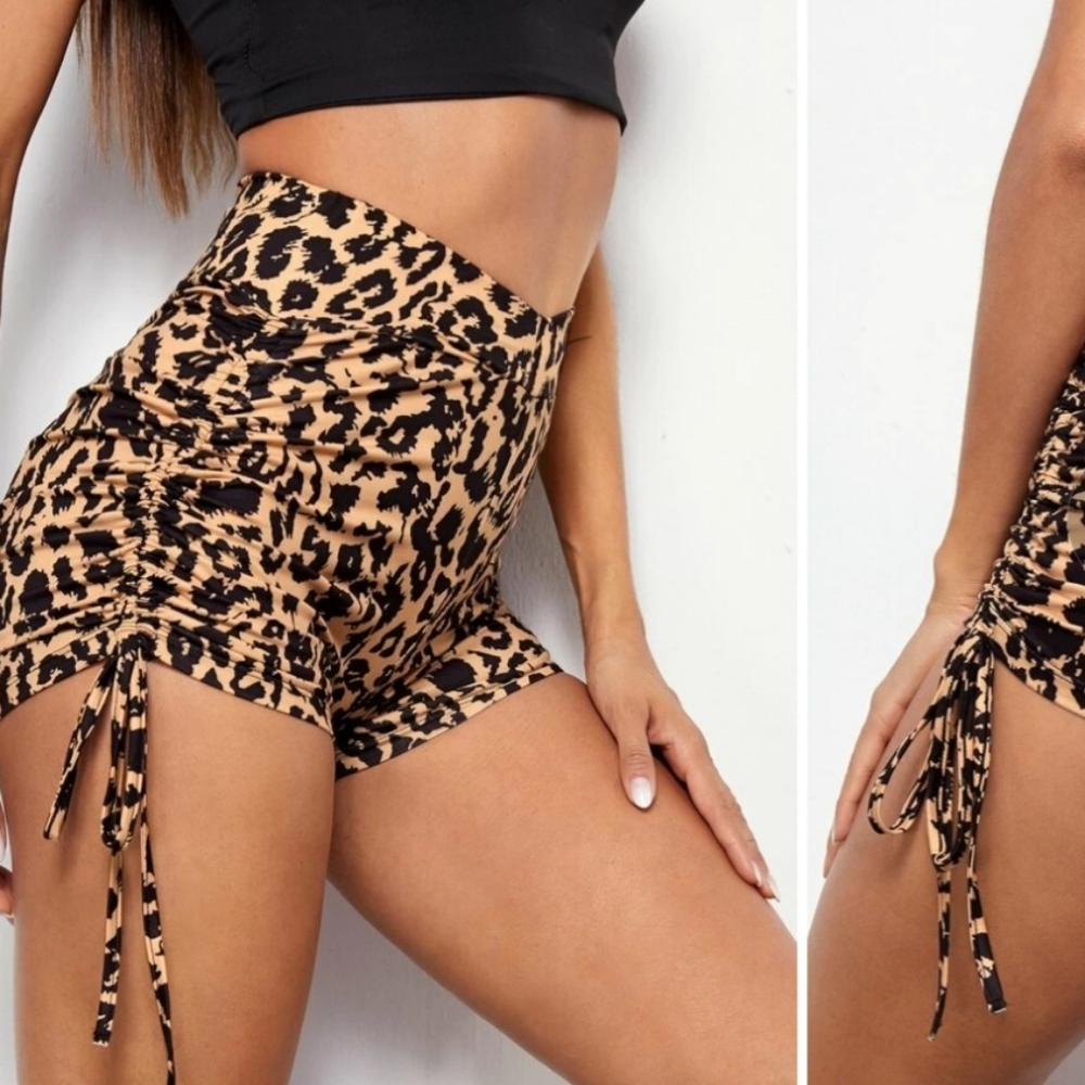 SHEIN Leopard Surplice Ruched Drawstring Shorts